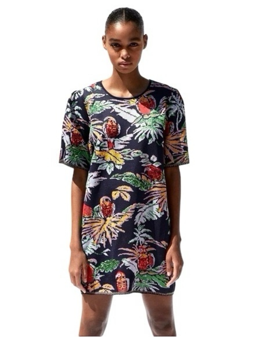 Zara Printed Jacquard Dress featuring a tropical bird with sequins